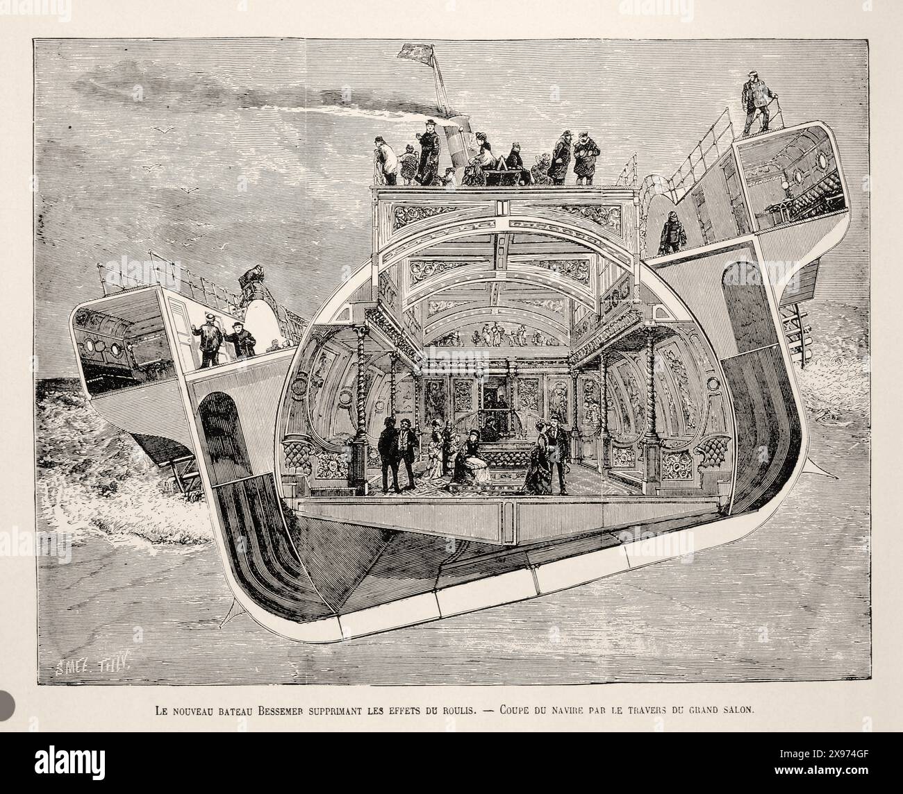 "LE NOUVEAU BATEAU BESSEMER SUPPRIMANT LES EFFETS DU ROULIS. — COUPE DU NAVIRE PAR LE TRAVERS DU GRAND SALON.“ - Auszug aus dem L'Illustration Journal Universel - französisches Illustriertes Magazin - dieses Bild zeigt den Querschnitt des neuen Bessemer Bootes, das dem Wellenschlag entgegenwirken soll, und zeigt die Passagiere im großen Salon. Die Zeichnung ist detailliert und zeigt das Innere und die Struktur des Schiffes in einem raffinierten Stilstil aus dem 19. Jahrhundert. |- 1875 Stockfoto