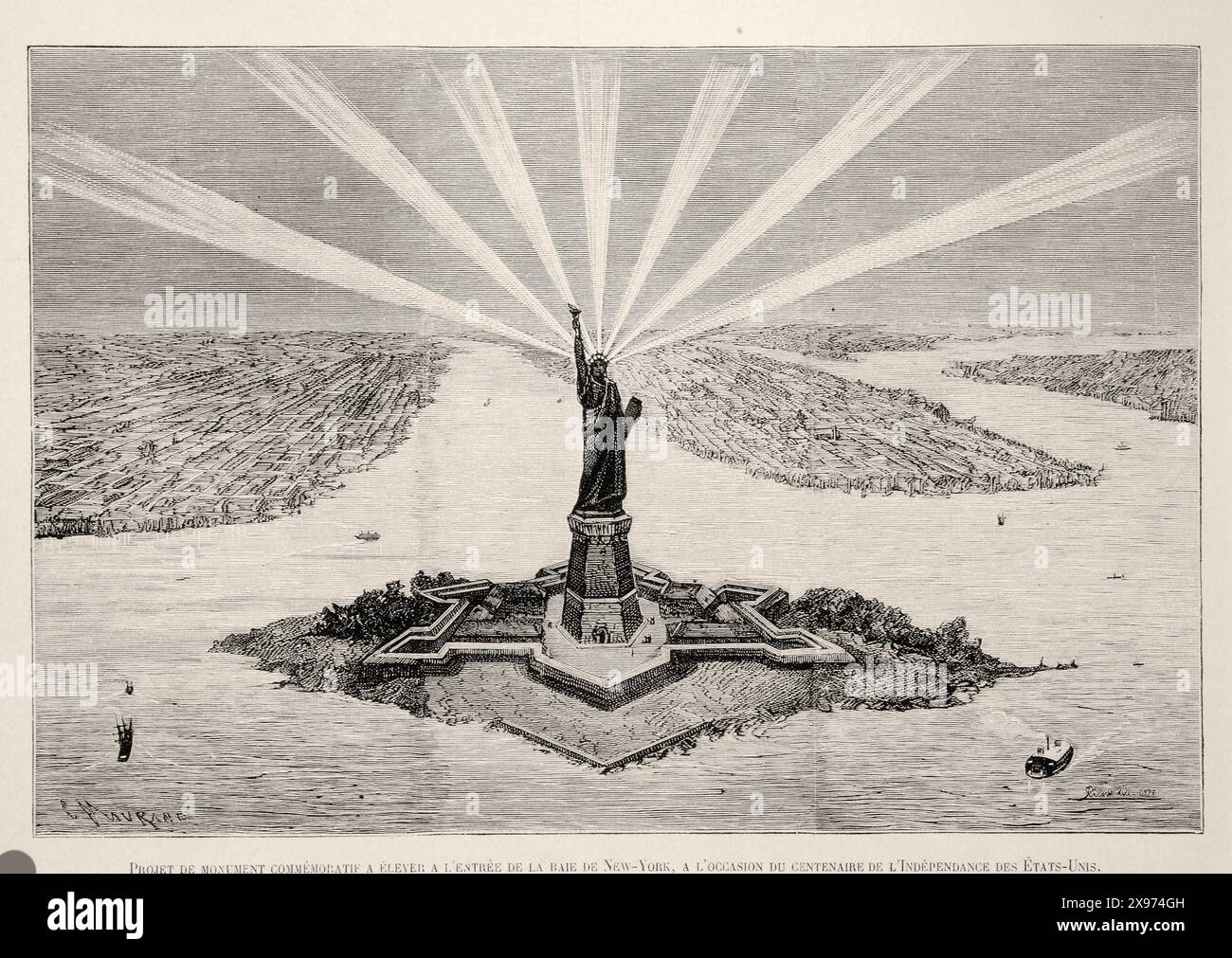 "PROJET DE MONUMENT COMMÉMORATIF À ÉLEVER À L'ENTRÉE DE LA BAIE DE NEW YORK, À L'OASE DU CENTENAIRE DE L'INDÉPENDANCE DES ÉTATS-UNIS". - Auszug aus 'L'Illustration Journal Universel' - französisches Illustrationsmagazin - Dies ist eine Illustration eines geplanten Gedenkdenkmals am Eingang der New York Bay zum hundertsten Jahrestag der Unabhängigkeit der Vereinigten Staaten. Die Freiheitsstatue ist mit Strahlen dargestellt, die von der Fackel ausgehen und Licht über die Bucht werfen. Sie ist in einem realistischen Stil mit feinen Details gezeichnet, die charakteristisch für Stiche aus dem 19. Jahrhundert sind. |- 1875 Stockfoto