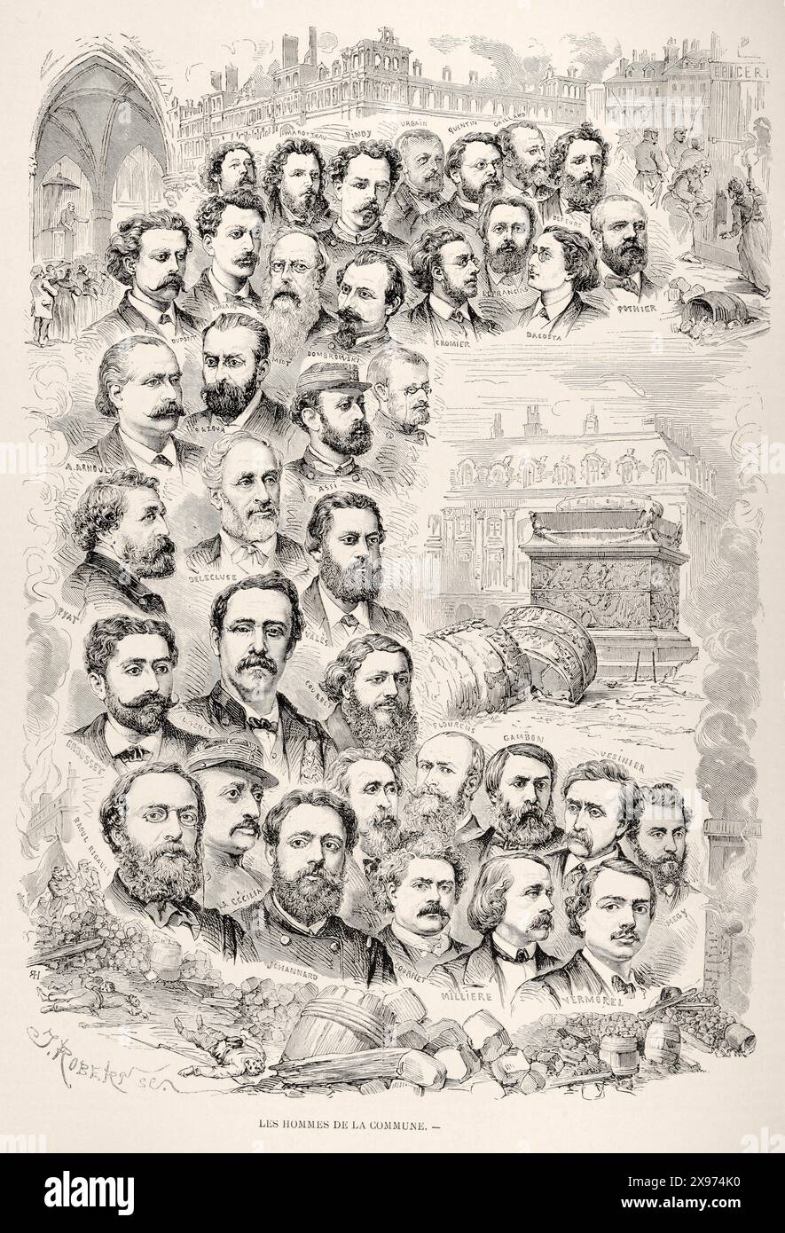 "LES HOMMES DE LA COMMUNE". - Auszug aus 'L'Illustration Journal Universel' - französisches illustriertes Magazin | diese Illustration aus dem späten 19. Jahrhundert zeigt Porträts der Männer der Pariser Kommune, einer radikalen sozialistischen und revolutionären Regierung, die Paris kurzzeitig regierte. Der detaillierte Stil der Porträts fängt die Persönlichkeiten und die Bedeutung dieser historischen Figuren im komplizierten Rahmen der Zeit ein. 1871 Stockfoto