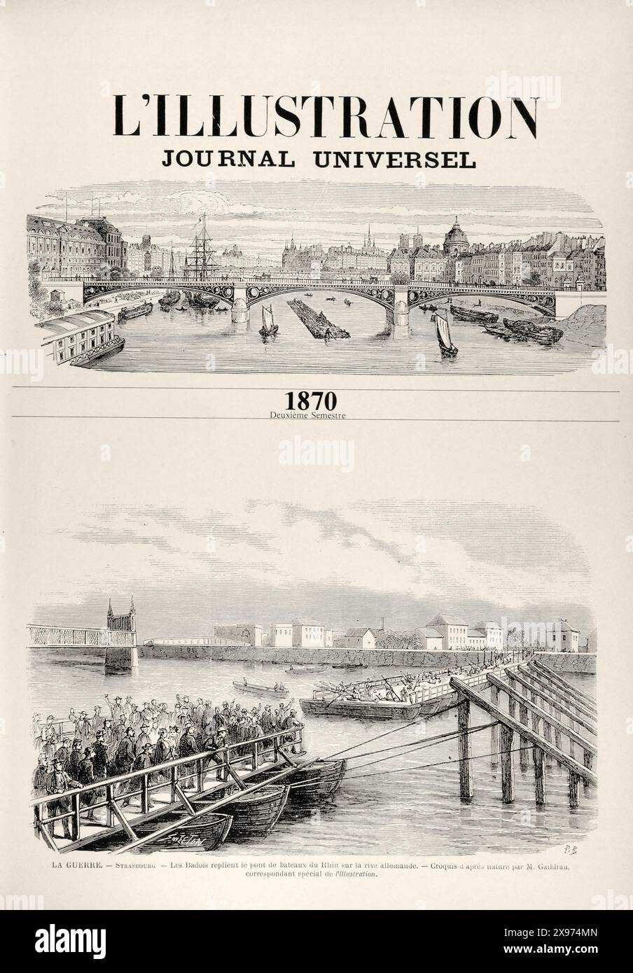 L'ILLUSTRATION JOURNAL UNIVERSEL 1870 Deuxième Semestre ['ILLUSTRATION UNIVERSAL JOURNAL 1870 Second Semester'] - Auszug aus L'Illustration Journal Universel - französisches Illustrationsmagazin. Das Bild zeigt ein detailliertes Panorama einer belebten Stadtlandschaft mit einer Brücke über einen Fluss, wahrscheinlich Paris, das urbane Leben und Architektur des 19. Jahrhunderts zeigt. Der Stil ist eine detaillierte Gravur mit feinen Linien und Schattierungen. Stockfoto