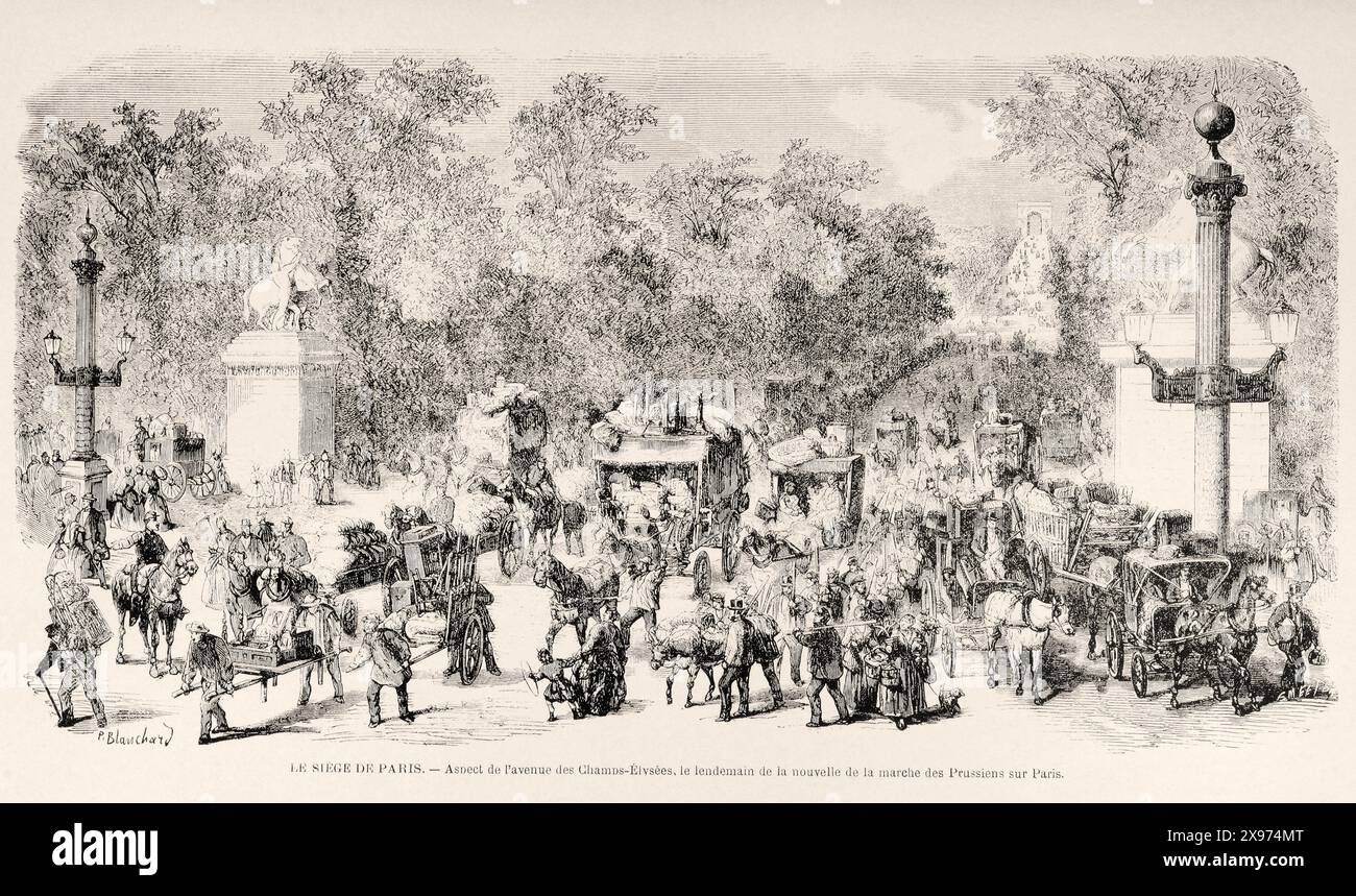 "LE SIÈGE DE PARIS - Aspect de l'Avenue des Champs-Elysées, le lendemain de la nouvelle de la marche des Prussiens sur Paris". - Auszug aus 'L'Illustration Journal Universel' - französisches Illustrationsmagazin - dieses Bild fängt die geschäftigen Champs-Elysées mit Menschenmassen, Wagen und militärischen Aktivitäten ein, nach der Nachricht vom preußischen marsch auf Paris. Der Stil ist eine detaillierte Schwarz-weiß-Ätzung. 1870 Stockfoto