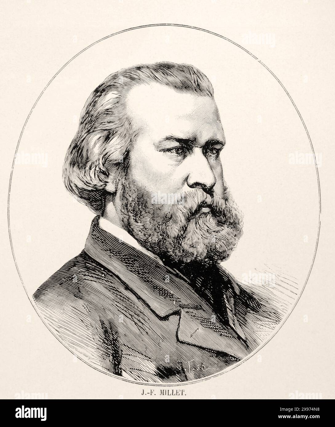 "J.-F. HIRSE.“ ['J.-F. HIRSE.“] - Auszug aus L'Illustration Journal Universel - französisches Illustrationsmagazin. Das Bild ist ein Porträt des Künstlers Jean-Francois Millet mit einem starken Ausdruck. Der Illustrationsstil ist eine feine Gravur, die ein hohes Maß an Details in den Gesichtszügen und Haaren bietet, typisch für Porträts aus dem 19. Jahrhundert. Stockfoto