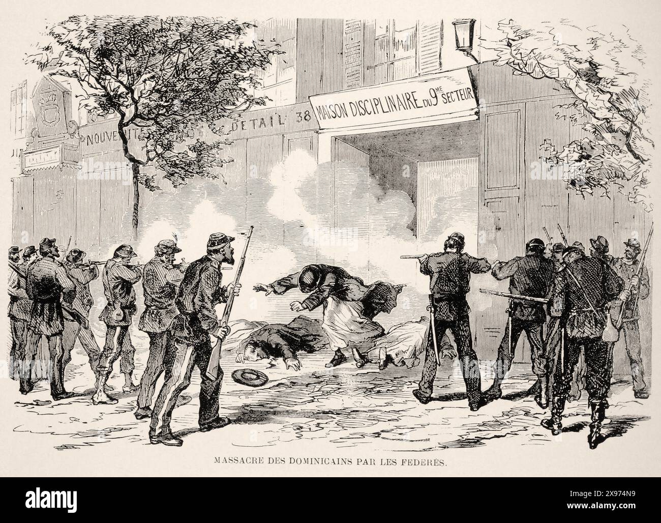 MASSACRE DES DOMINICAINS PAR LES FÉDÉRÉS. ['MASSAKER AN DEN DOMINIKANERN DURCH DIE FÖDERATIONEN.'] - Auszug aus L'Illustration Journal Universel - französisches Illustrationsmagazin. Das Bild zeigt eine Hinrichtung in einer städtischen Umgebung, wobei eine zentrale Figur erschossen wird und andere auf dem Boden liegen. Der Stil ist eine detaillierte Gravur mit dynamischen Linien und Schraffuren, die die Gewalt der Szene einfangen. Stockfoto