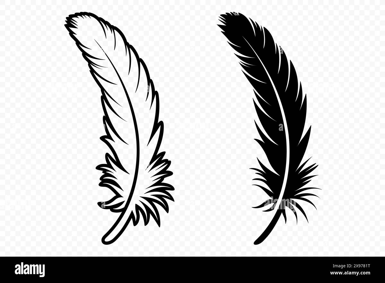 Vector Schwarz und weiß Logosymbole mit flauschigen Federn. Silhouette Feather Set Closeup Isoliert. Designvorlage für Flamingo, Engel, Vogelfeder. Leichtigkeit Stock Vektor