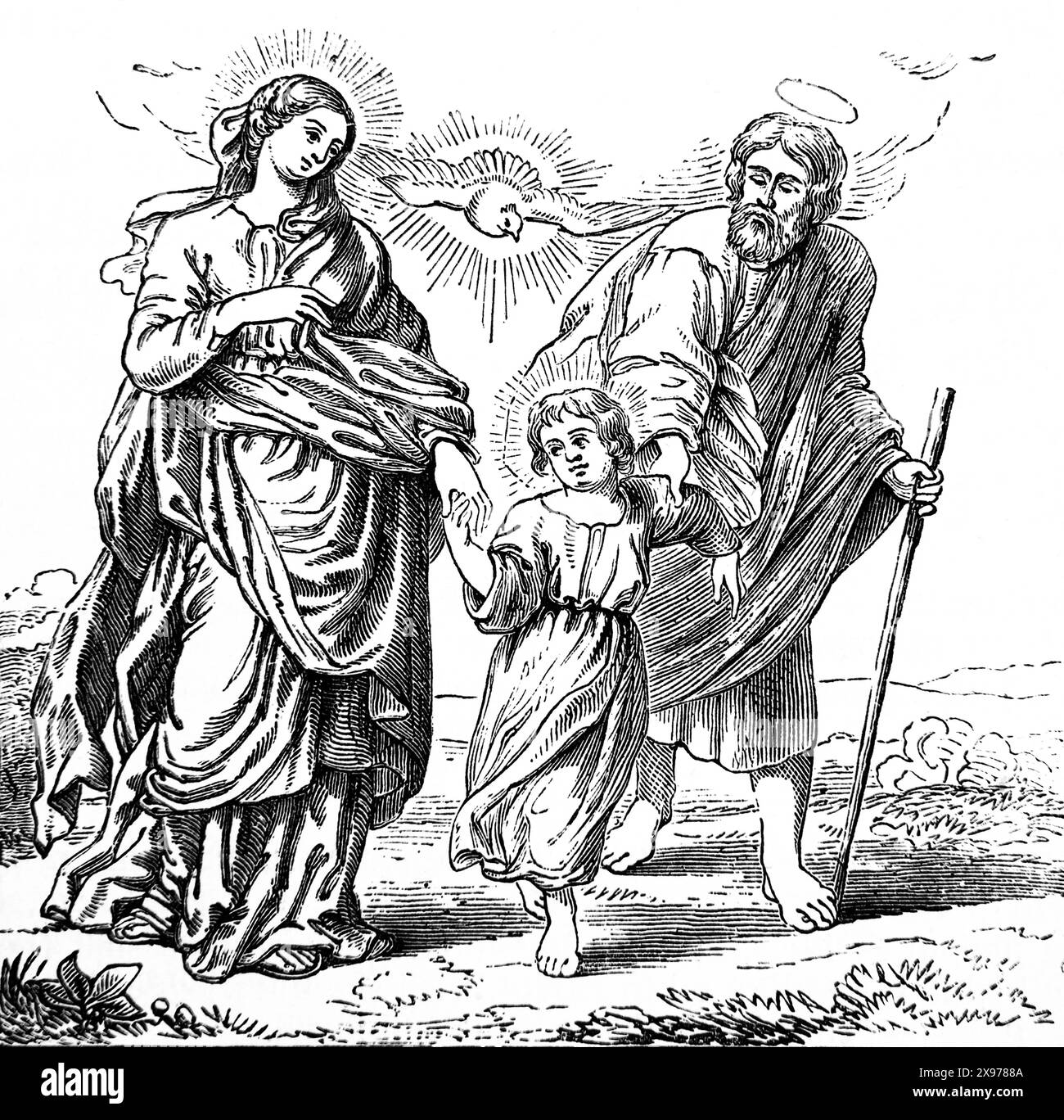 Holzgravierung der Heiligen Familie und des Heiligen Geistes aus dem 19. Jahrhundert illustrierte Familienbibel, die nach Israel zurückkehrt Stockfoto