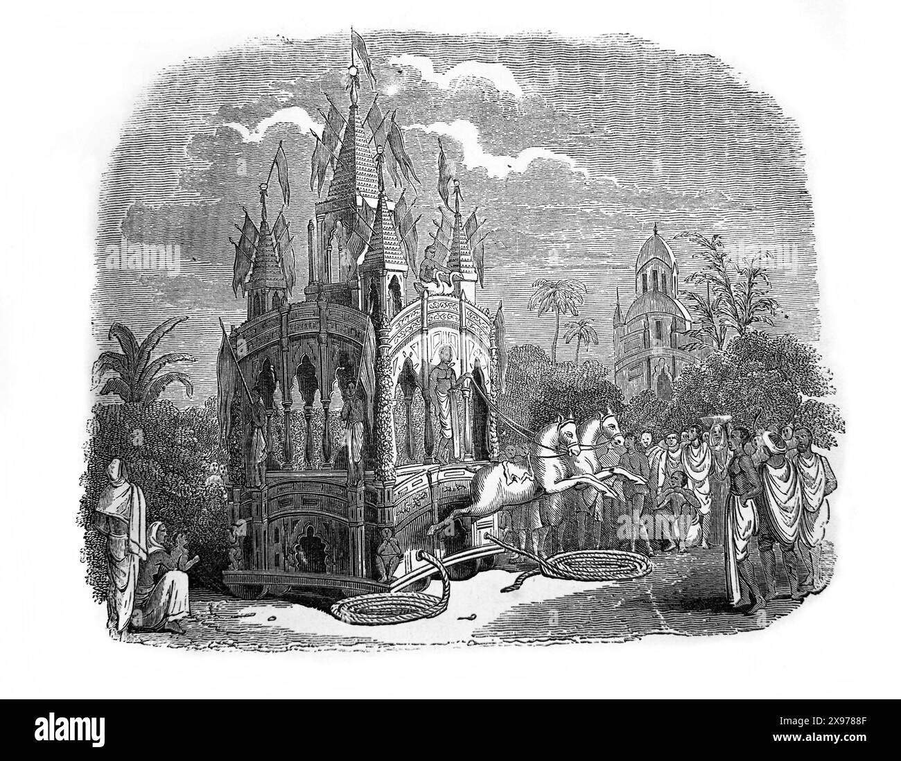 Holzgravierung eines reich verzierten Tempelwagens, der in der illustrierten Familienbibel des 19. Jahrhunderts hinduistische Götter trug Stockfoto Holzgravierung eines reich verzierten Tempelwagens, der in der illustrierten Familienbibel des 19. Jahrhunderts hinduistische Götter trug Stockfoto