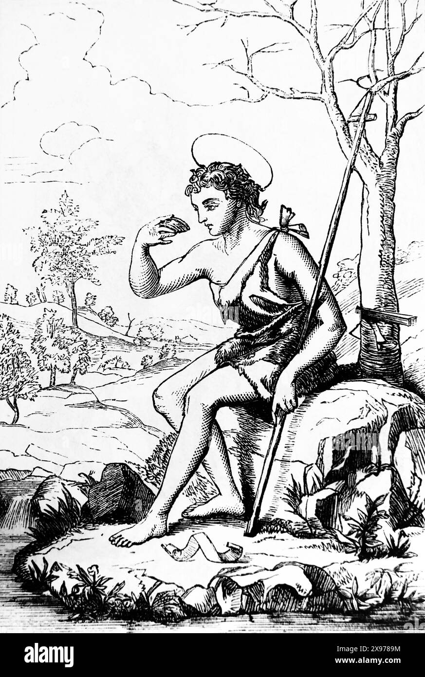 Holzgravierung des heiligen Johannes des Täufers in der Wildnis (Matthäus-Evangelium) aus der antiken, illustrierten Familienbibel des 19. Jahrhunderts Stockfoto