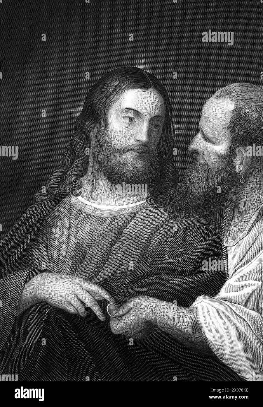 Holzgravur Porträt von Jesus Christus und dem Tribut Money (Matthäus-Evangelium) Neues Testament aus dem 19. Jahrhundert illustrierte Familienbibel Stockfoto