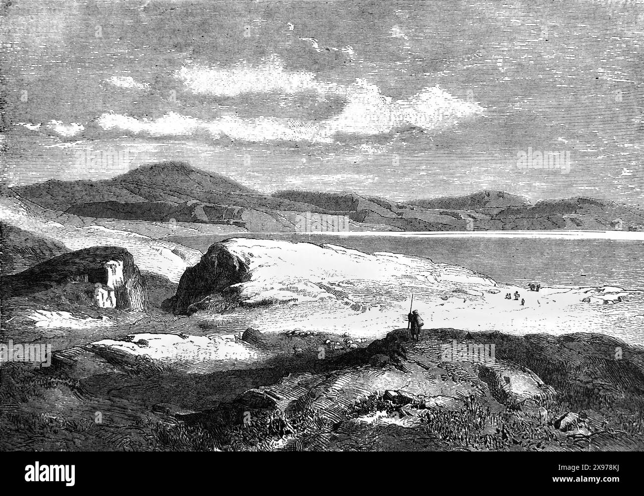 Holzgravierung der angeblichen Stätte der Bergpredigt - Berg der Seligsprechung Israel im 19. Jahrhundert illustrierte Familienbibel Stockfoto