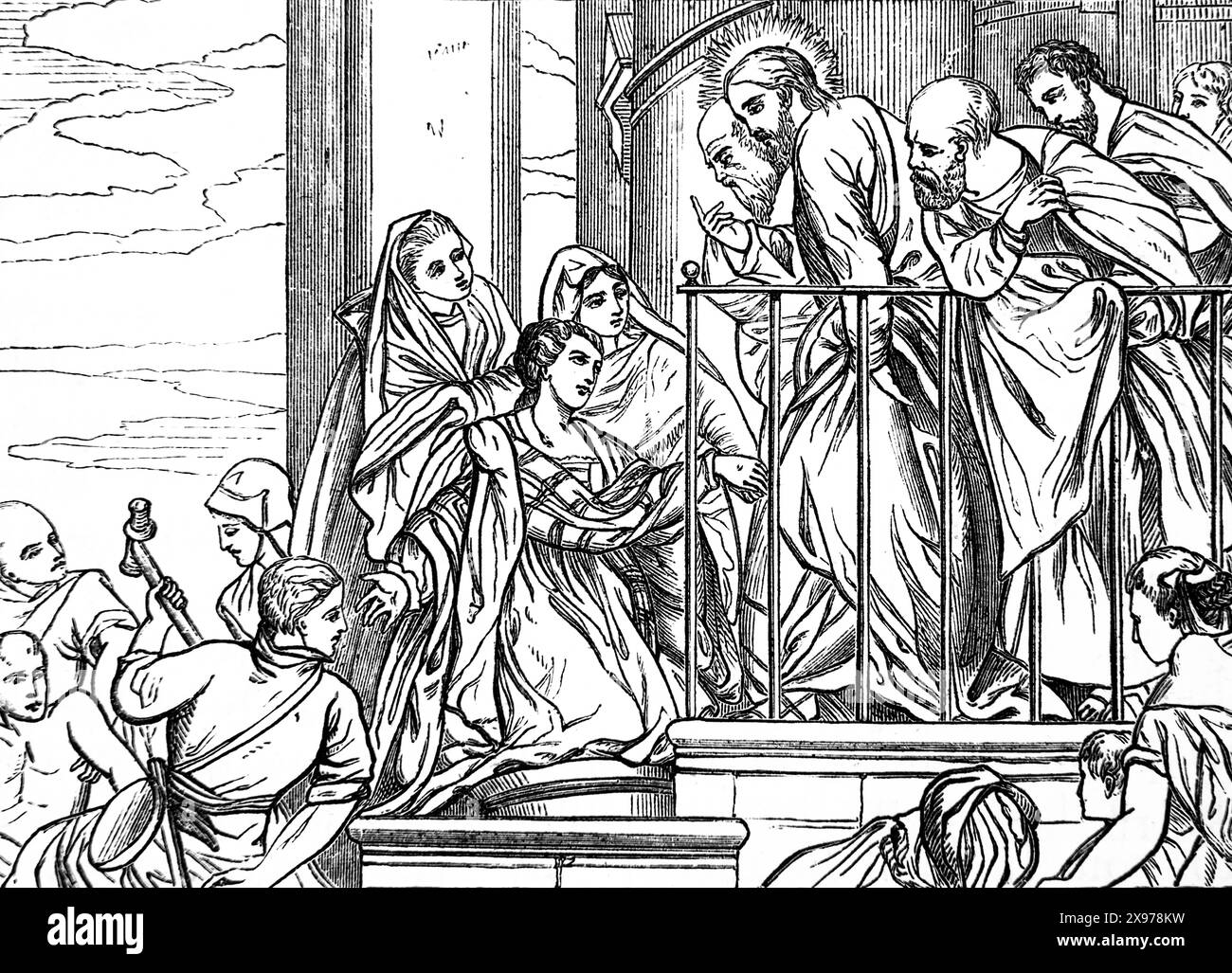 Die Holzgravierung Einer Frau, die 12 Jahre lang blutete und litt, kam hinter Jesus Christus auf und berührte den Saum seines Gewandes, indem sie es glaubte Stockfoto