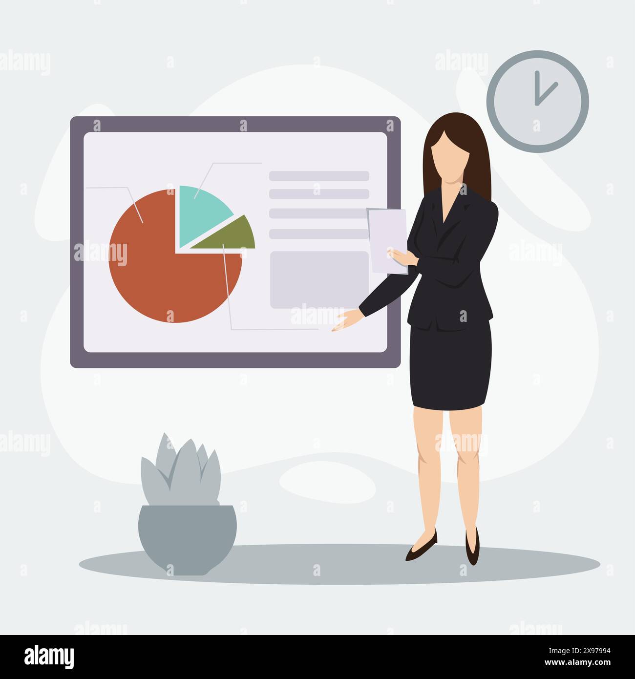 Eine junge Geschäftsfrau berichtet über Arbeit, Finanzen und Einkommen. Vektor-Illustration des Geschäftskonzepts Stock Vektor