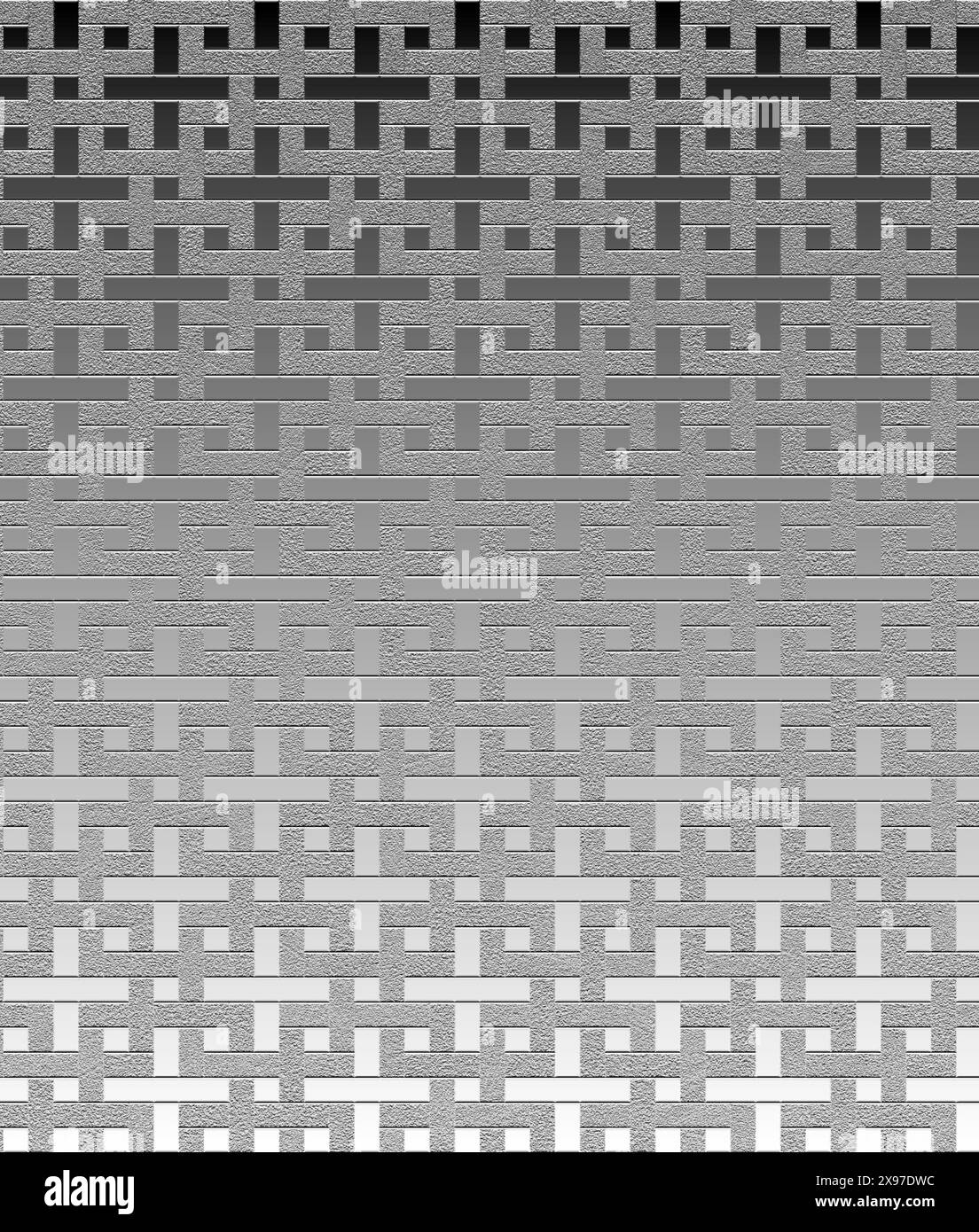 Abstraktes geometrisches Muster mit schwarz-weißen Farbverlaufsquadraten und Rechtecken, die ein strukturiertes Design bilden Stockfoto
