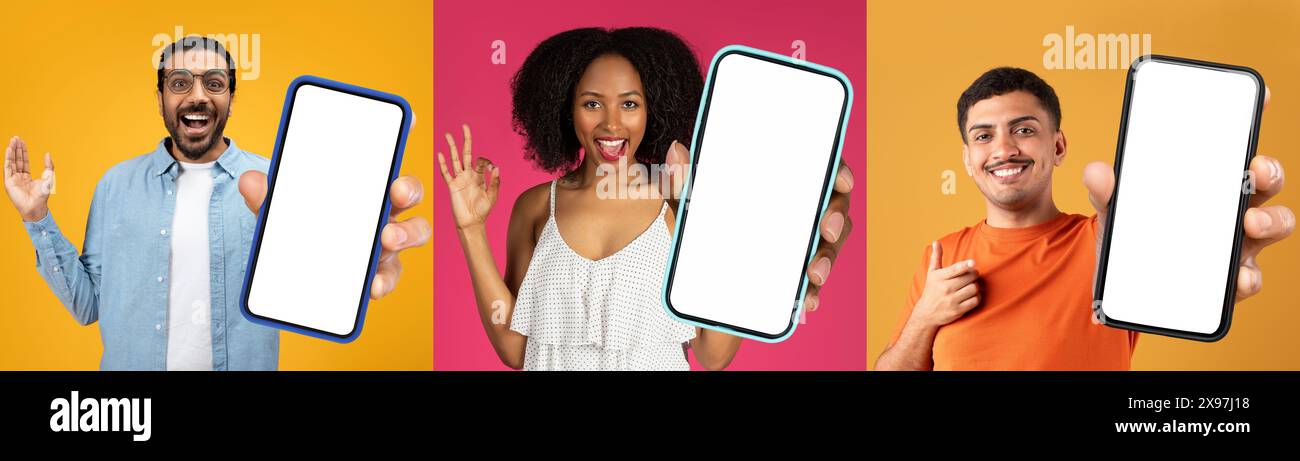 Multirassische Jugendliche, die Handys mit leeren Bildschirmen halten, Collage Stockfoto