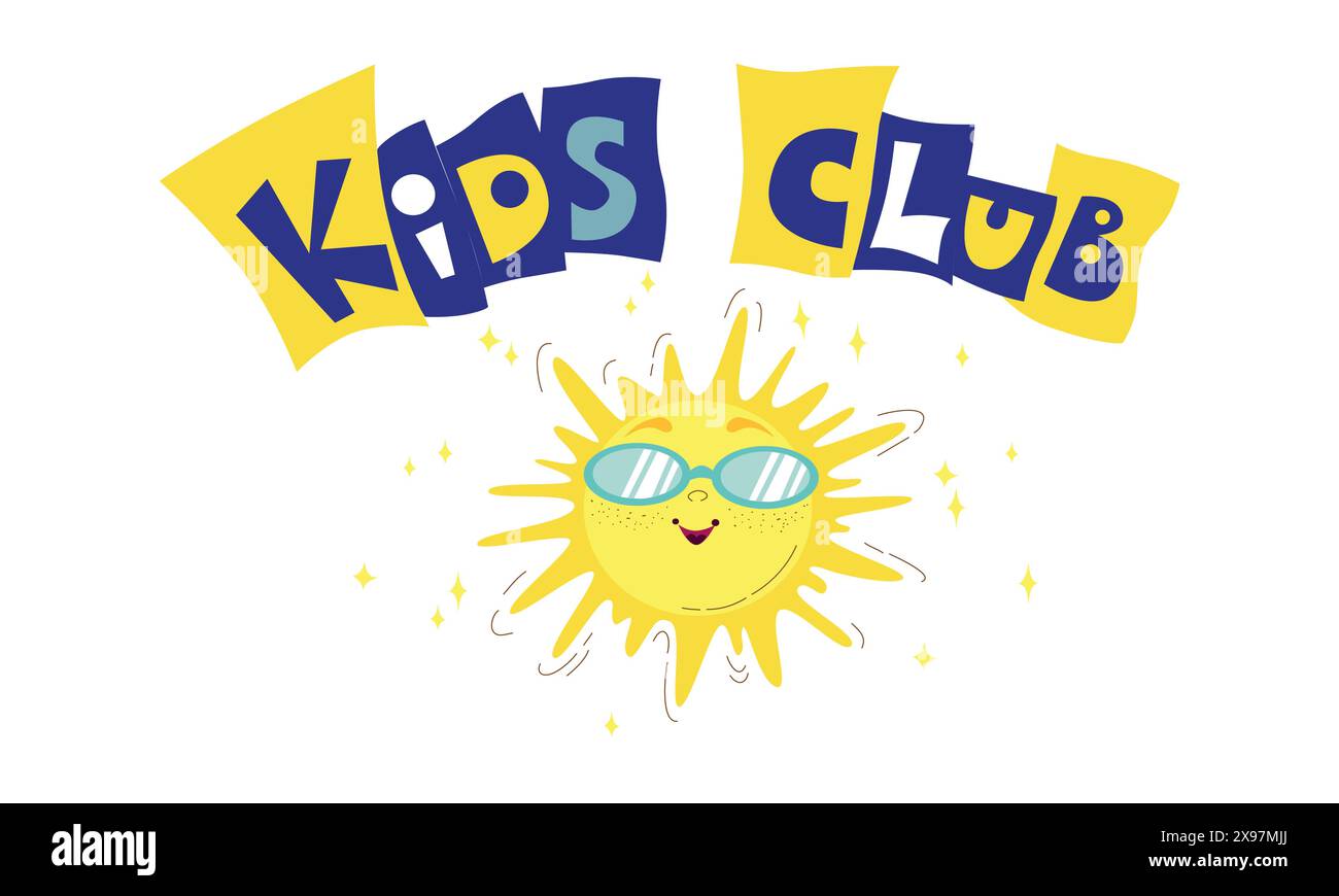 Vector Cute Emblem Kids Club. Bunte Hochglanzschrift. Flache Illustration Kindersatz mit niedlichen Kindern auf weißem Hintergrund. Stock Vektor