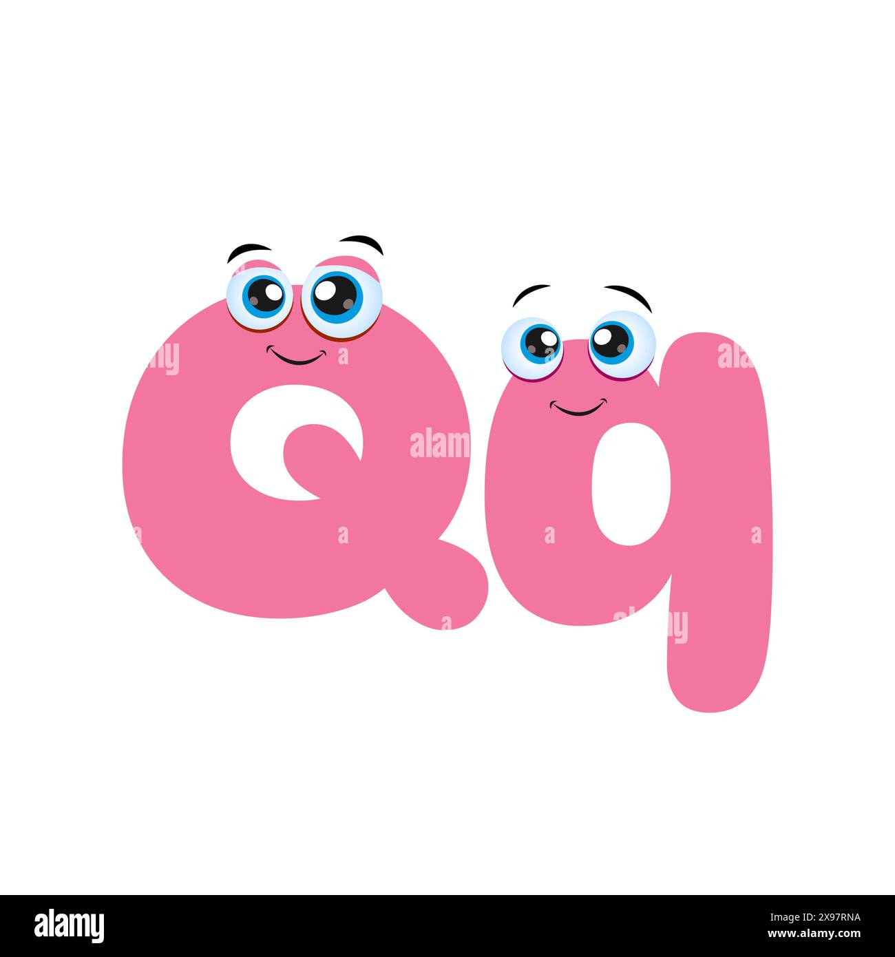 Niedlicher rosafarbener Buchstabe Q Cartoonfigur mit niedlichen Augen. Buntes Comic-Alphabet. Rosafarbener Buchstabe Q auf weißem Hintergrund. Stock Vektor