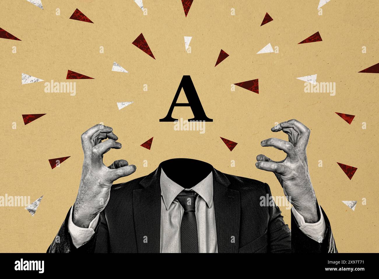 Composite Photo Collage von kopflos irritierten Geschäftsmann halten Hände Zombie Geste Arbeit Fehler Problem isoliert auf gemalten Hintergrund Stockfoto