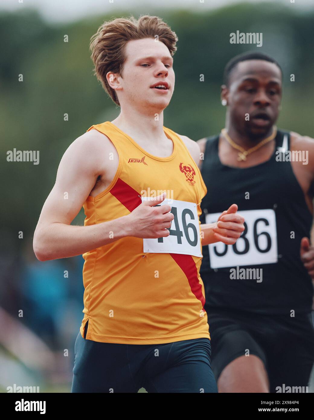 Stratford, Vereinigtes Königreich. 26. Mai 2024. Freddie Arkell von Hercules Wimbledon A.C. nach dem Sieg in Runde 2 Heat 11 in 100 m beim Stratford Speed Grand Prix 2024. Quelle: George Tewkesbury/Alamy Live News Stockfoto