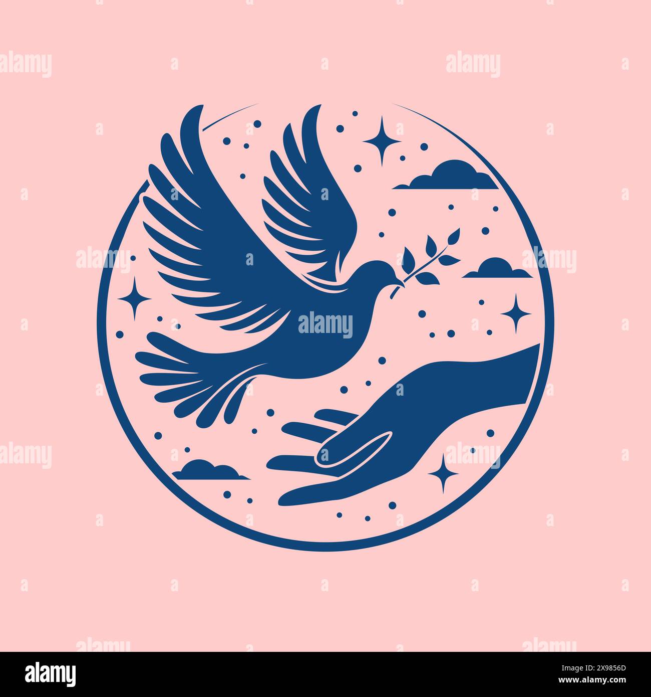 Eine Taube des Friedens mit einem Olivenzweig im Schnabel, der auf einer ausgestreckten Hand sitzt, Vektorillustration Stock Vektor