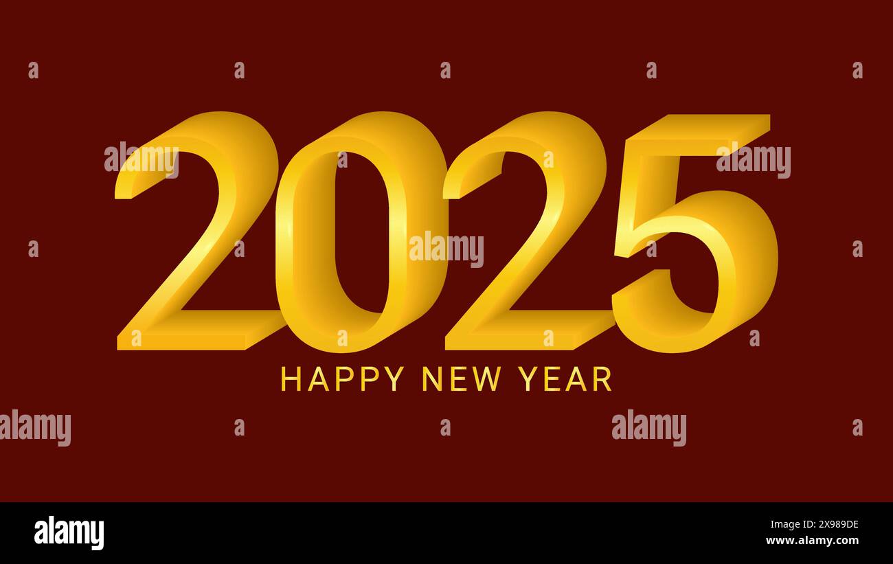 2025 Neujahr asiatisch chinesisch. Zifferndesign. Happy New Year Textvorlage in Goldfarbe. Isolierter dunkelroter Hintergrund. Für die Webseite für Postkarten-Kalender. Vektorabbildung. Stock Vektor