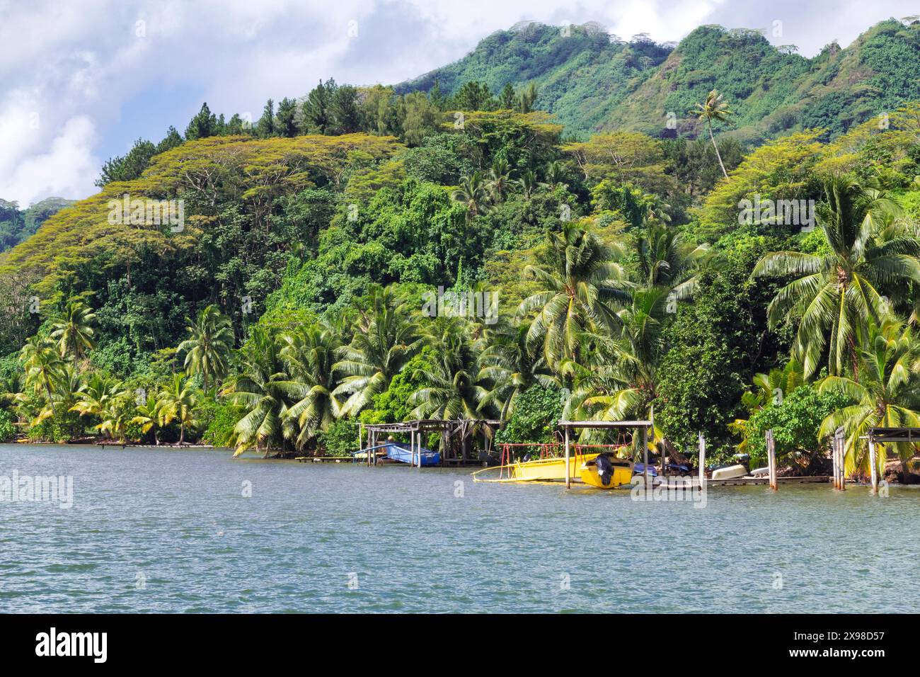 Farbenfrohe Boote liegen auf der Insel Taha'a, Französisch-Polynesien Stockfoto