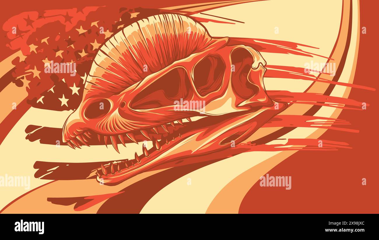 Dilophosaurus Dinosaurier Schädel Fossil mit amerikanischer Flagge Stock Vektor