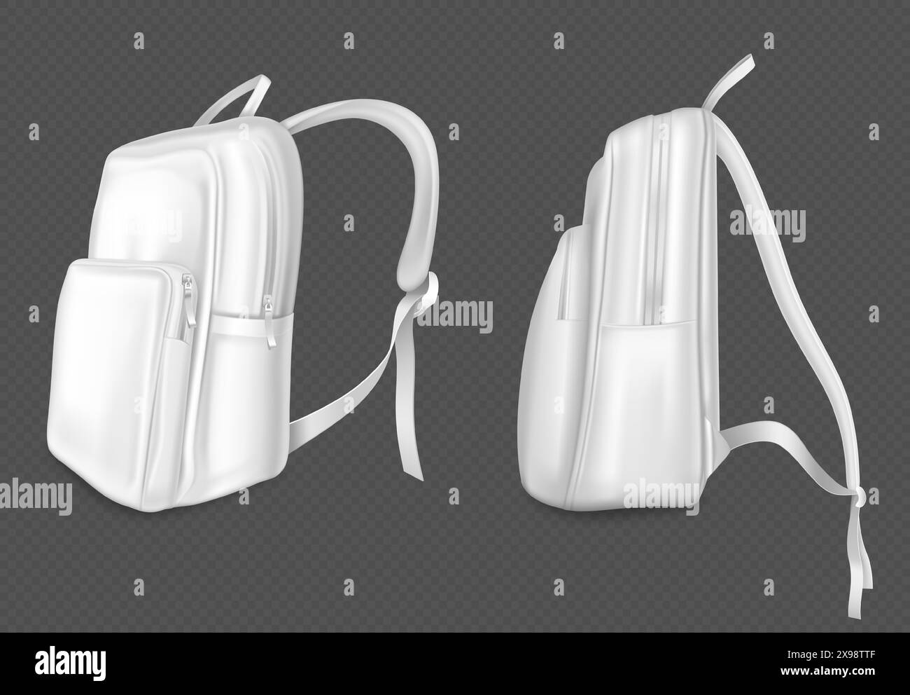 Weißes Modell des Rucksacks mit Kordelzug, Tasche und Reißverschluss, Seitenansicht. Realistische 3D-Vektor-Illustration Set der Schule oder Reise Tasche mit Riemen. Leerer Teenager-Rucksack aus Leder mit Griff. Stock Vektor