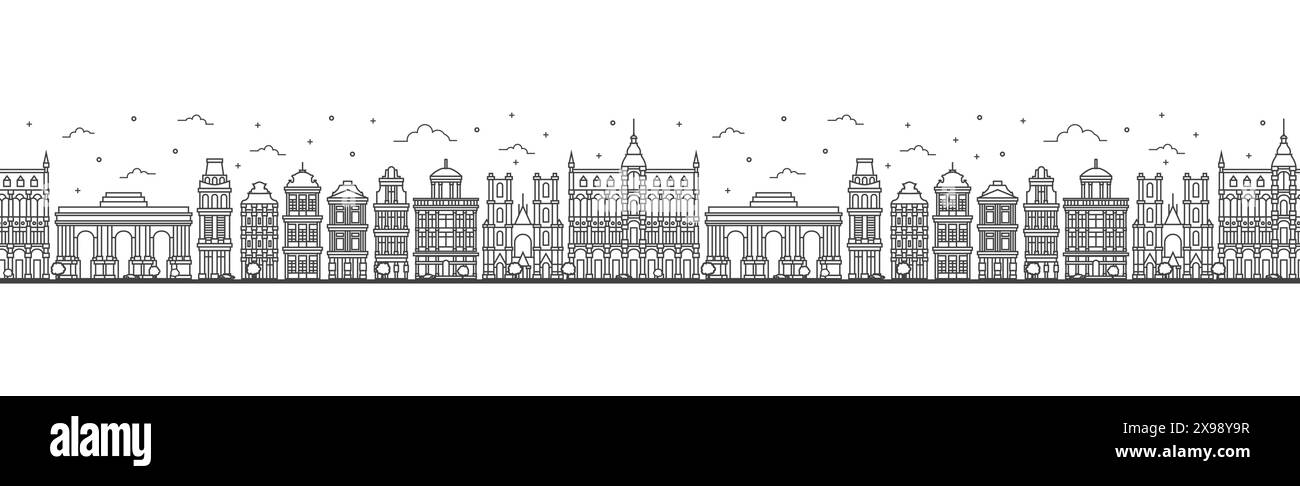 Nahtloses Muster mit umrissener Skyline von Brüssel Belgien. Historische Gebäude isoliert auf White. Vektorabbildung. Brüsseler Stadtbild. Stock Vektor