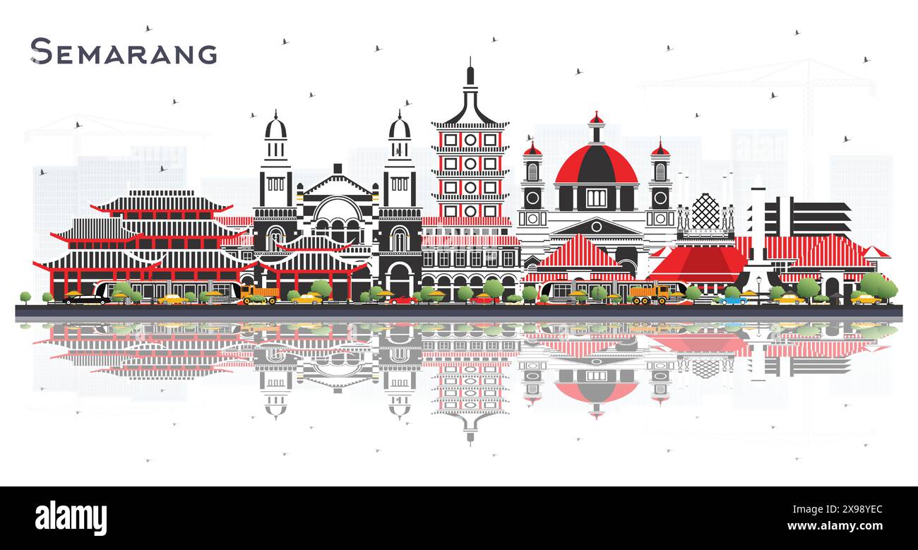 Skyline von Semarang Indonesia City mit farbigen Gebäuden und Reflexionen isoliert auf weiß. Vektorabbildung. Geschäftsreisen. Stock Vektor