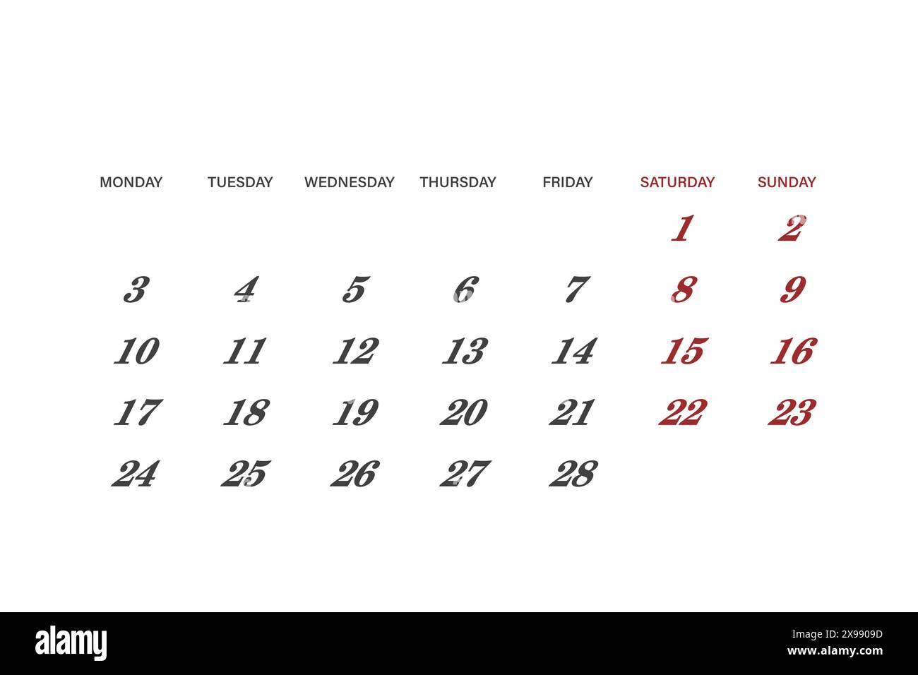 Kalender für Februar 2025. Die Woche beginnt am Montag. Stock Vektor