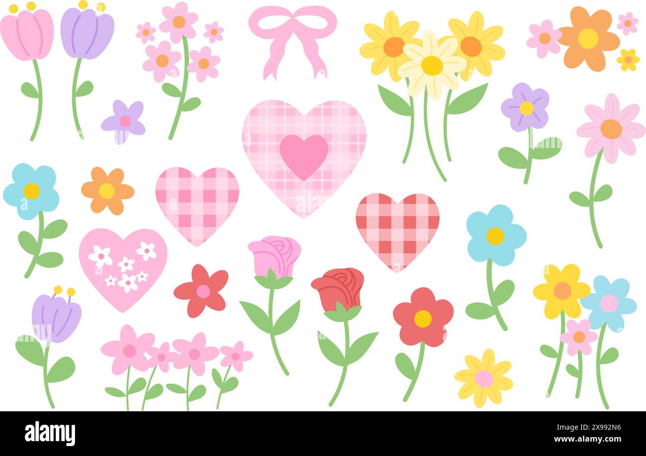 Illustration von Tulpenblüten, Rose, Sonnenblume, Herz, rosa Band für Blumendruck, Natur, Garten, Picknick, Frühling, Sommer, Blüte, Valentinstag, Karte Stock Vektor
