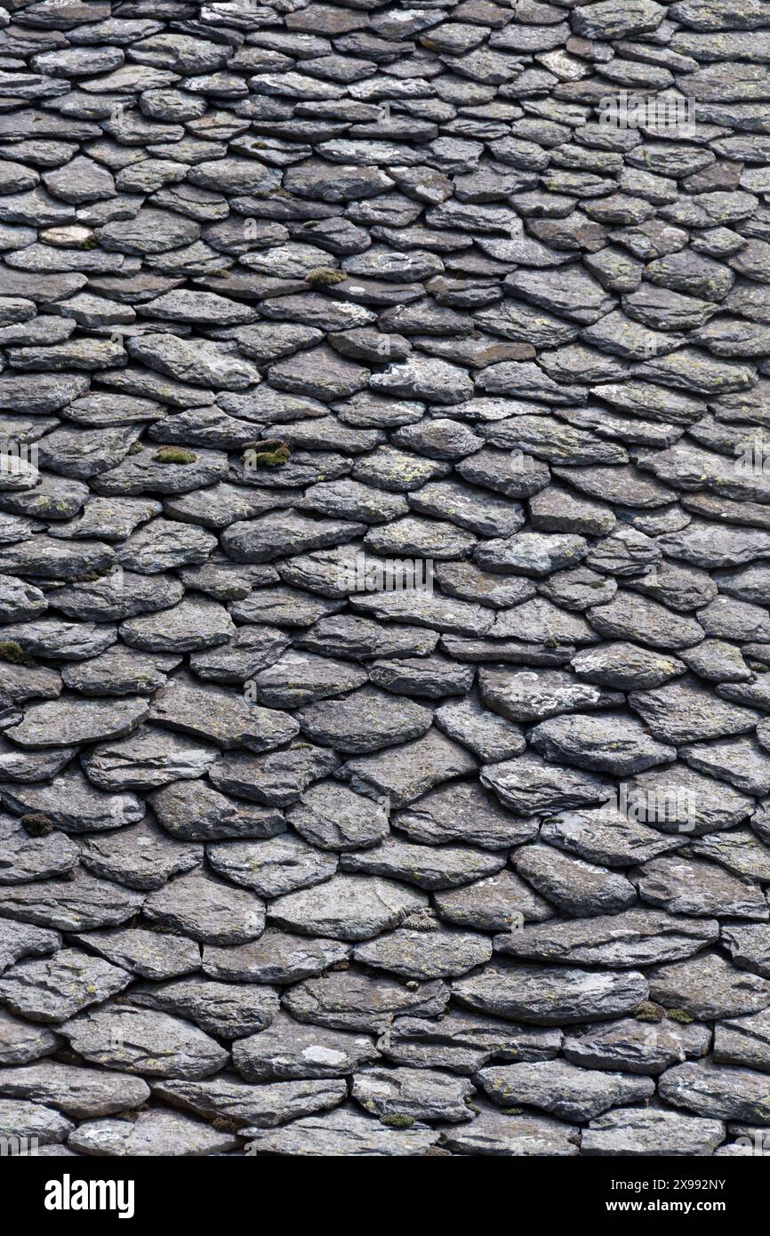 Nahaufnahme eines alten, mit Lauzen überdeckten Daches in der Auvergne, Frankreich. Lauze oder Lause oder Lava, ist ein Gestein, der in mehreren Regionen Europas zum Dachbau verwendet wird Stockfoto