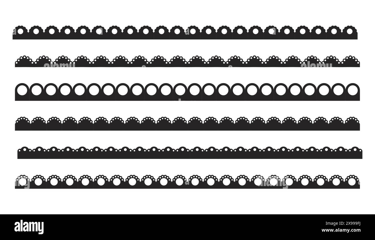 Schwarzer Silhouettenstreifen, Bandkollektion isoliert auf weißem Hintergrund. Traditionelles einfaches Ornament mit Kreisen und Stickband. Vektorabbildung Stock Vektor