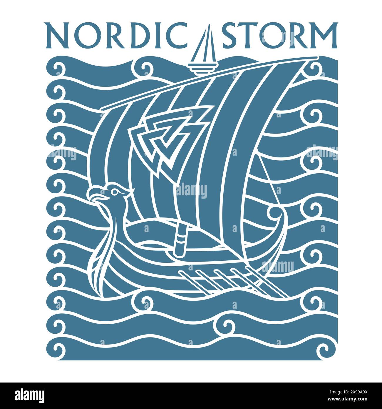 Skandinavisches Wikingerdesign. Das Wikingerschiff Drakkar segelt auf den Wellen des stürmischen Meeres Stock Vektor