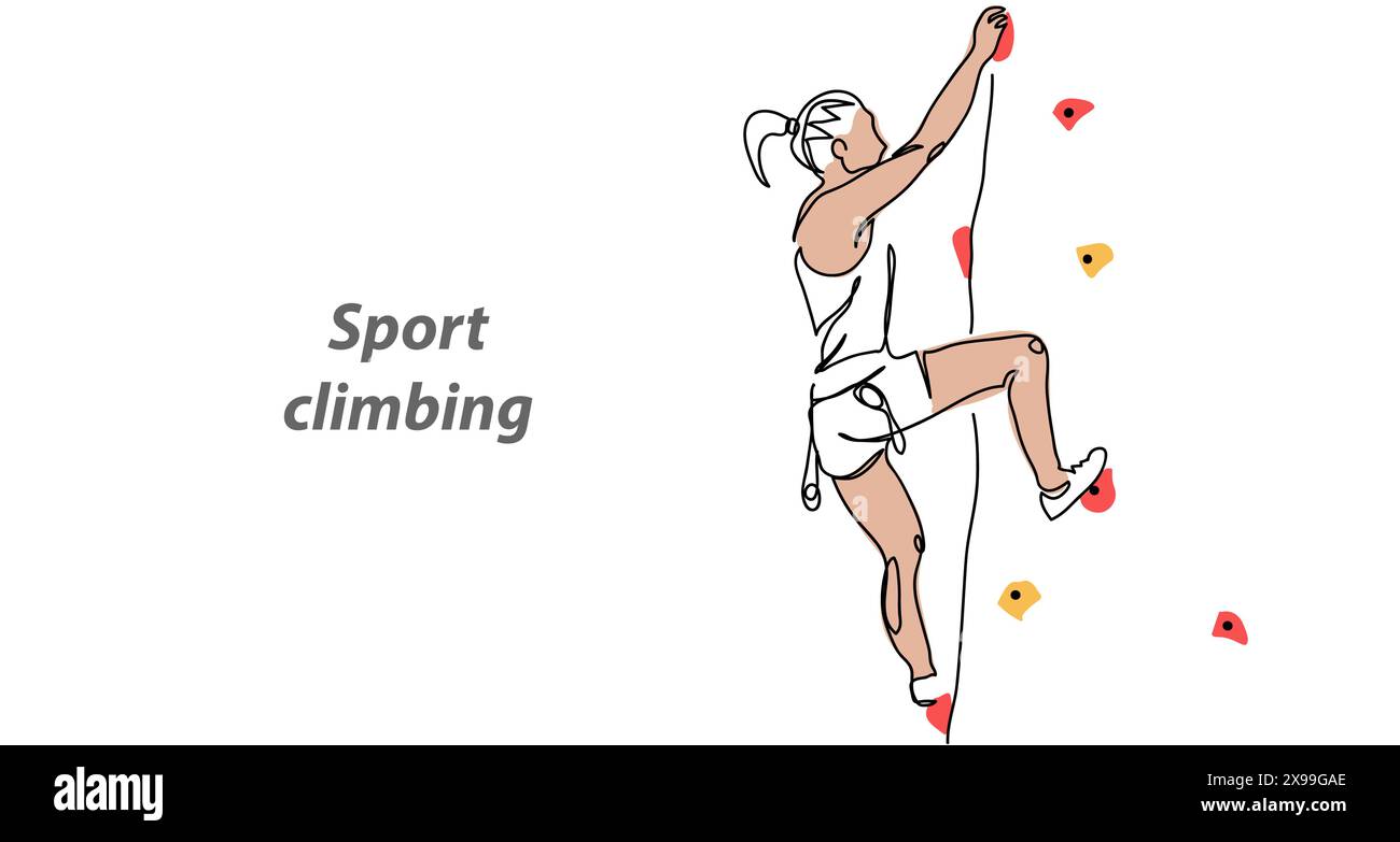 Sport Klettern Vektor Hintergrund, Banner, Poster. Eine durchgehende Strichgrafik-Illustration des Wandklettersports Stock Vektor