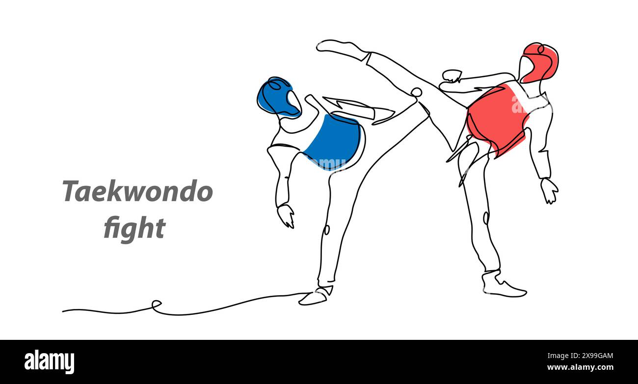 Taekwondo Vektor Hintergrund, Banner, Poster. Eine durchgehende Strichzeichnung zum Taekwondo-Sport Stock Vektor