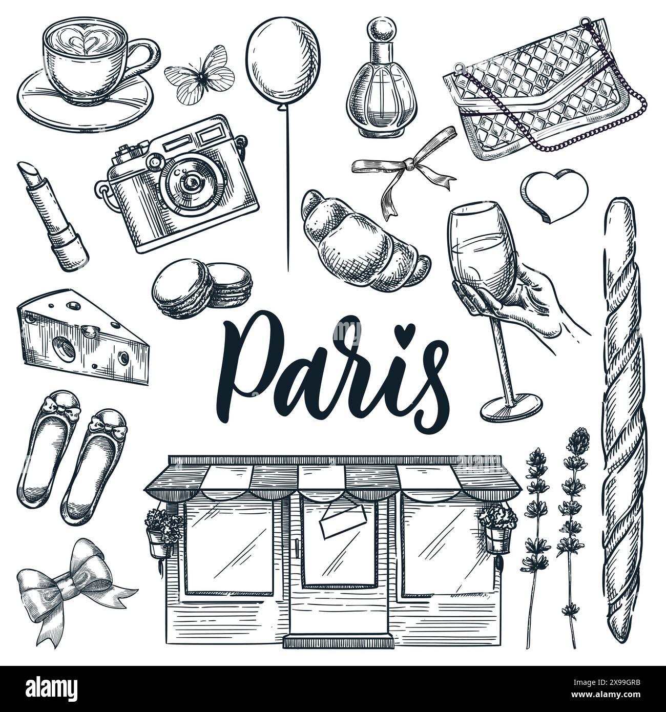 Pariser Symbole und Designelemente isoliert auf weißem Hintergrund. Vektor-handgezeichnete Skizzen-Illustrationen und Kalligraphie-Schriftzüge. Französische Mode und f Stock Vektor