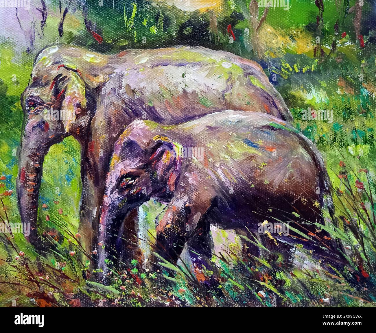 Kunst Malerei Ölfarbe Elefant Familie thailand Stockfoto