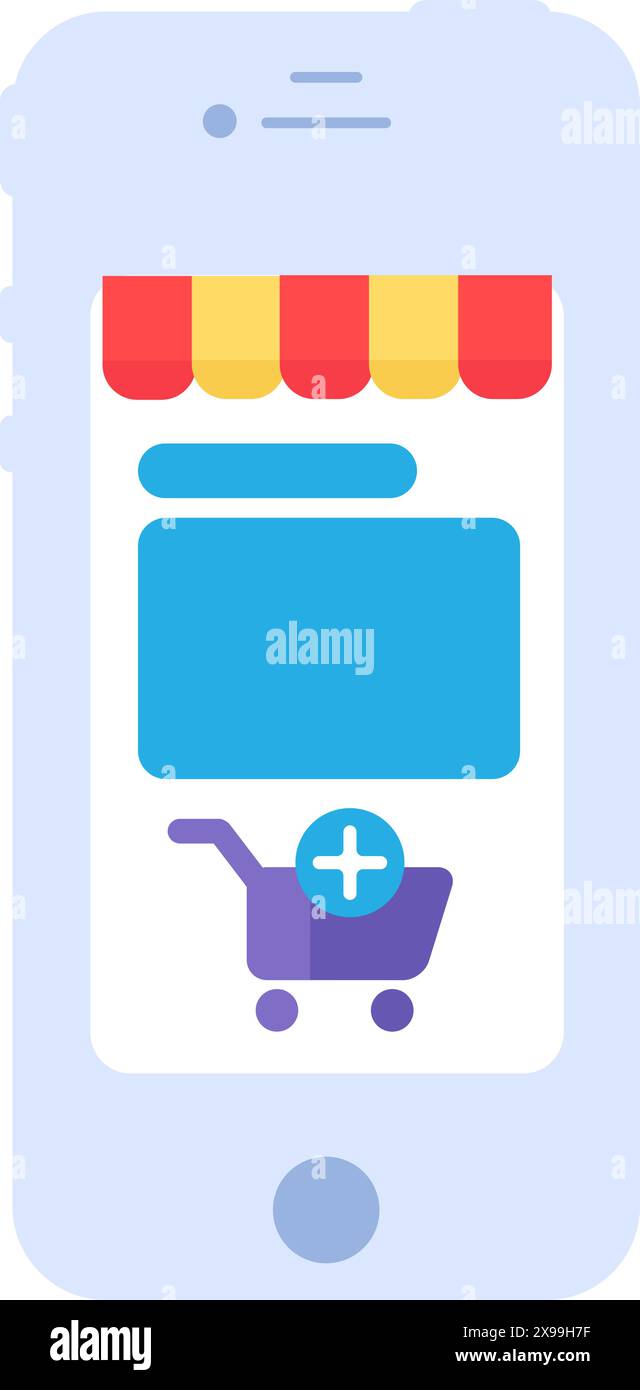Online-Shop auf dem Smartphone-Bildschirm. Hinzufügen von Artikeln in den Warenkorb, Einkaufsprozess flaches Element für modernes und Retro-Design. Einfaches Farbvektor-Piktogramm isola Stock Vektor