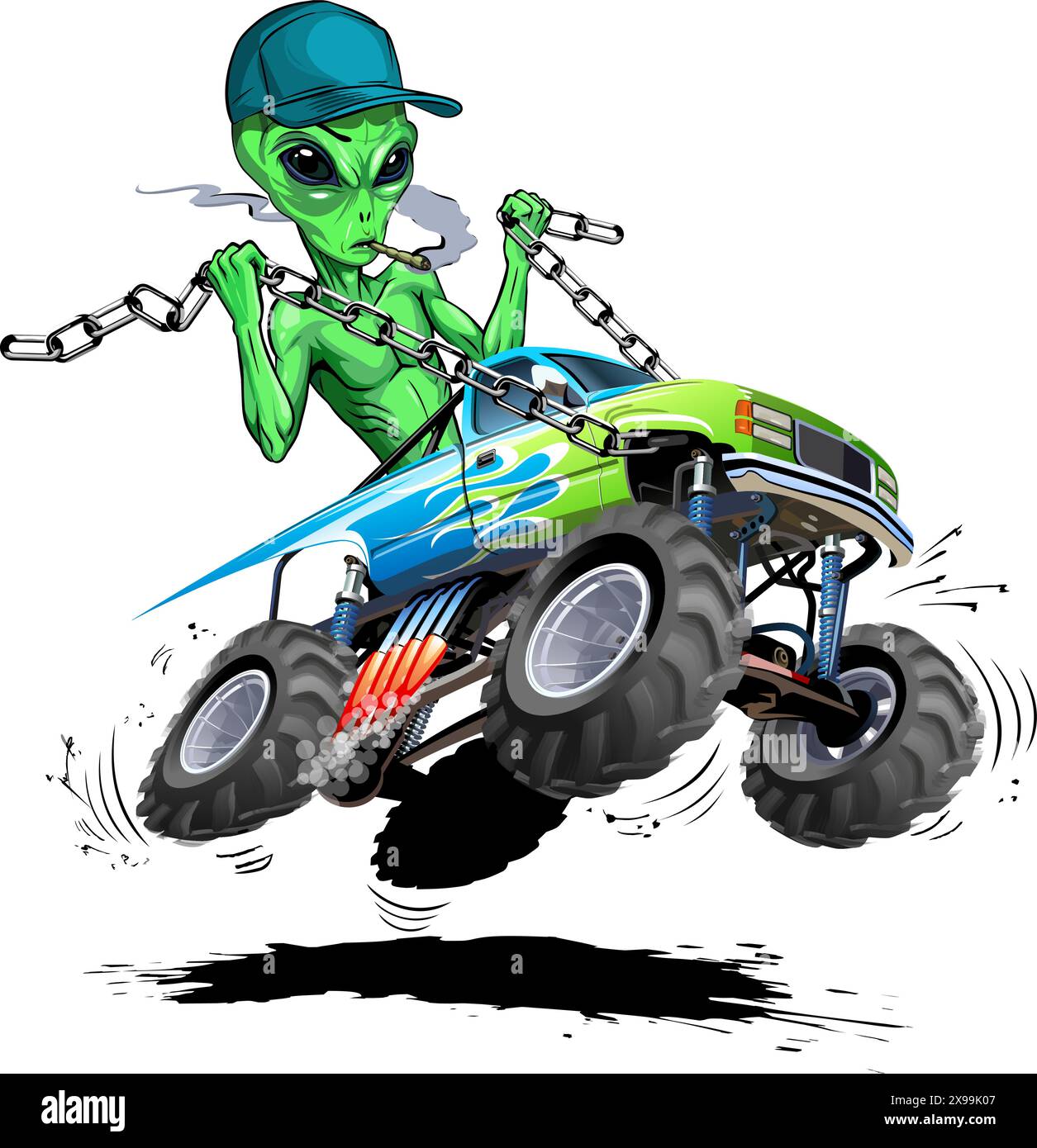 Ein Vektor-Karikatur-Alien fährt einen Monstertruck. Verfügbares EPS-10-Vektorformat, das durch Gruppen und Ebenen getrennt ist, um eine einfache Bearbeitung zu ermöglichen Stock Vektor