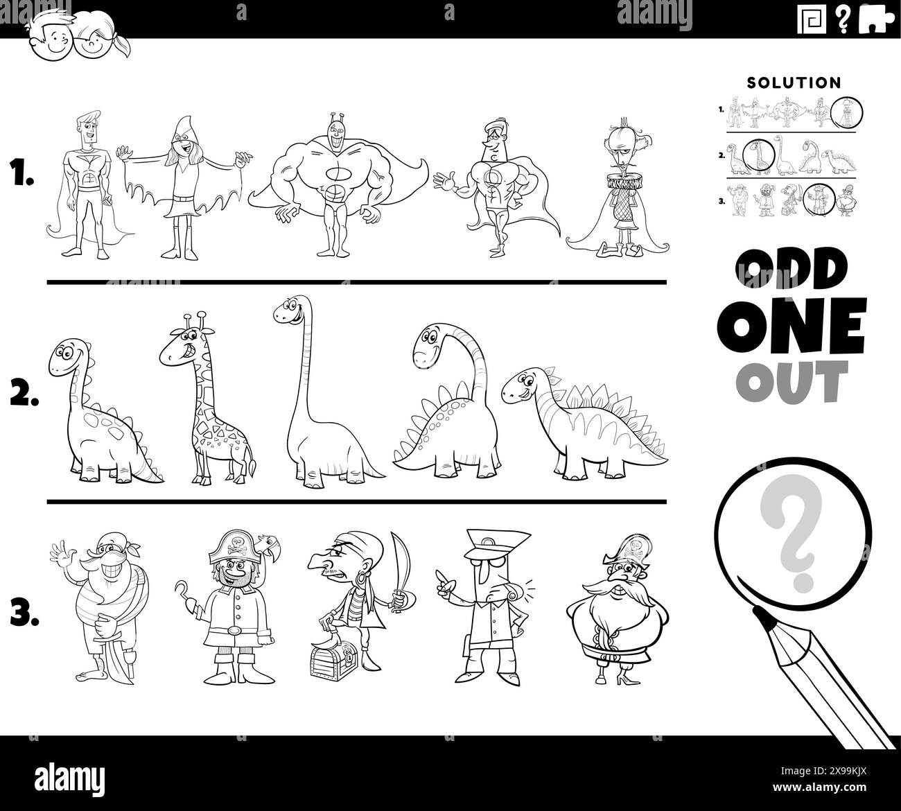 Zeichentrickillustration eines ungeraden Bildes in einer Reihe lehrreiches Spiel für Kinder mit Comic-Tierfiguren Malseite Stock Vektor