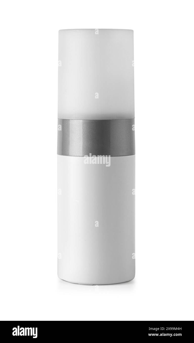 Luxuriöse luftlose Vakuumflasche, Pumpbehälter mit Spender für Kosmetikverpackungen. Weiße satinierte Oberfläche, kleine Reisegröße, nachfüllbar, steril. Ist Stockfoto