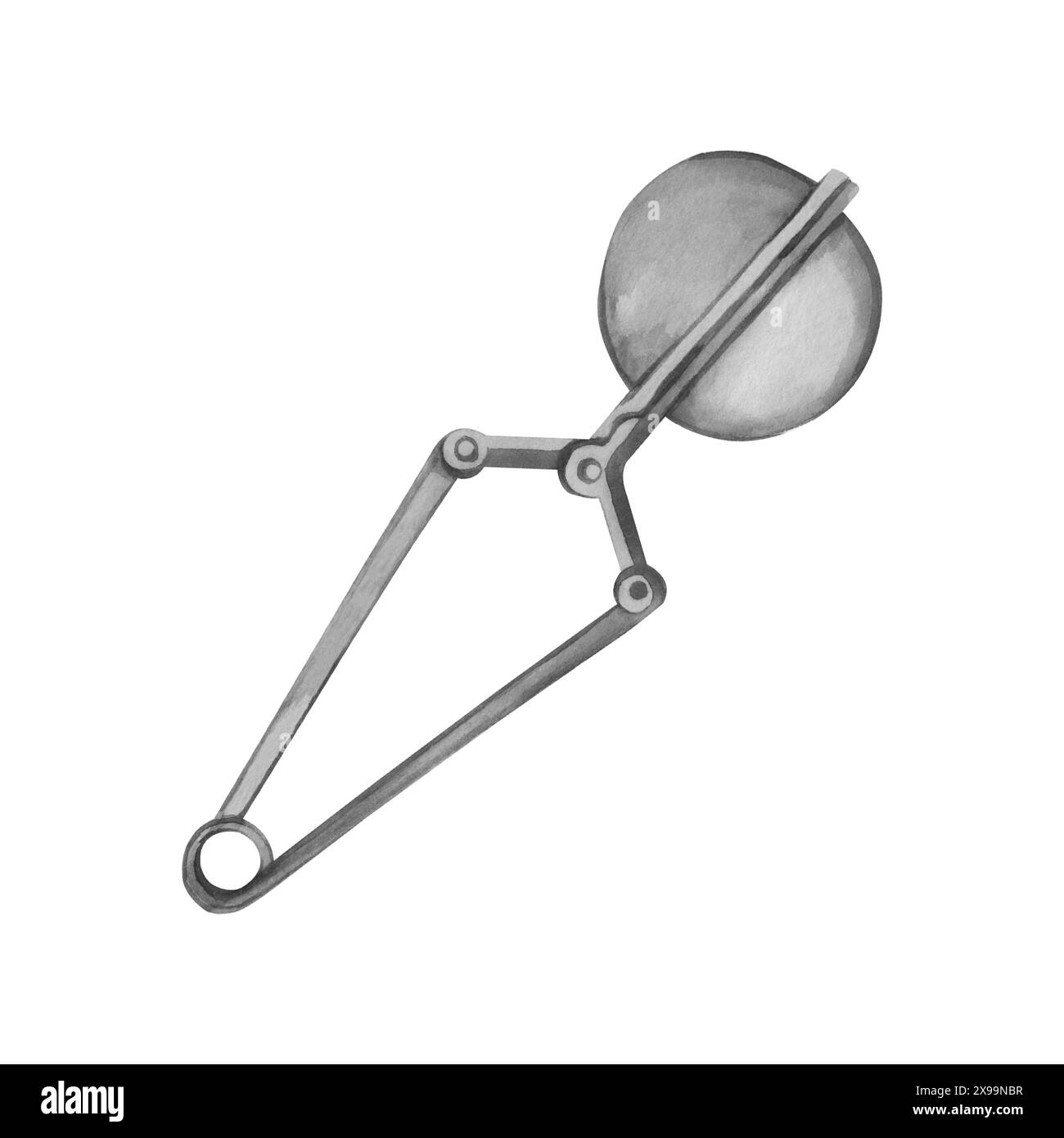 Ein Teesieb mit einem Griff zum Aufbrühen von Tee, ein runder Tee-Infuser mit einem Griff an einer Feder. Alle Objekte sind handbemalt mit Aquarellen. Stockfoto