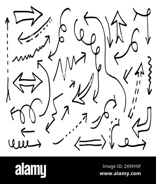 Doodle Design-Elemente. Handgezeichnete Pfeile isoliert auf weißem Hintergrund. Vektorabbildung. Stock Vektor