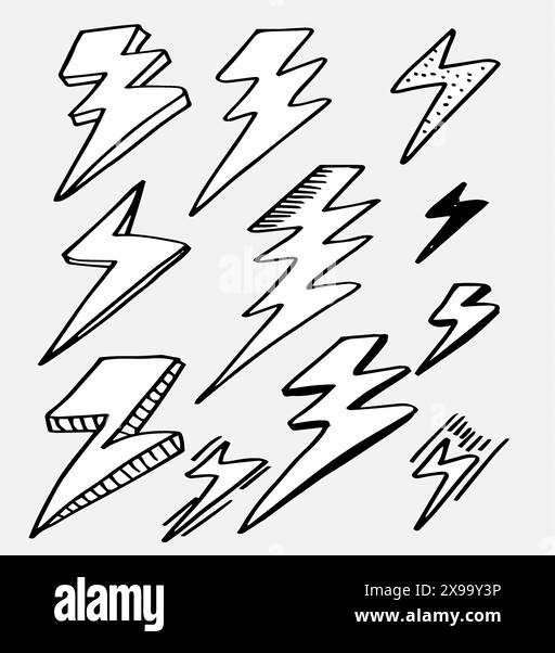Satz von handgezeichneten Vektorkritzeleien elektrische Blitzsymbol-Skizzen-Illustrationen. donner Symbol Kritzelsymbol. Stock Vektor