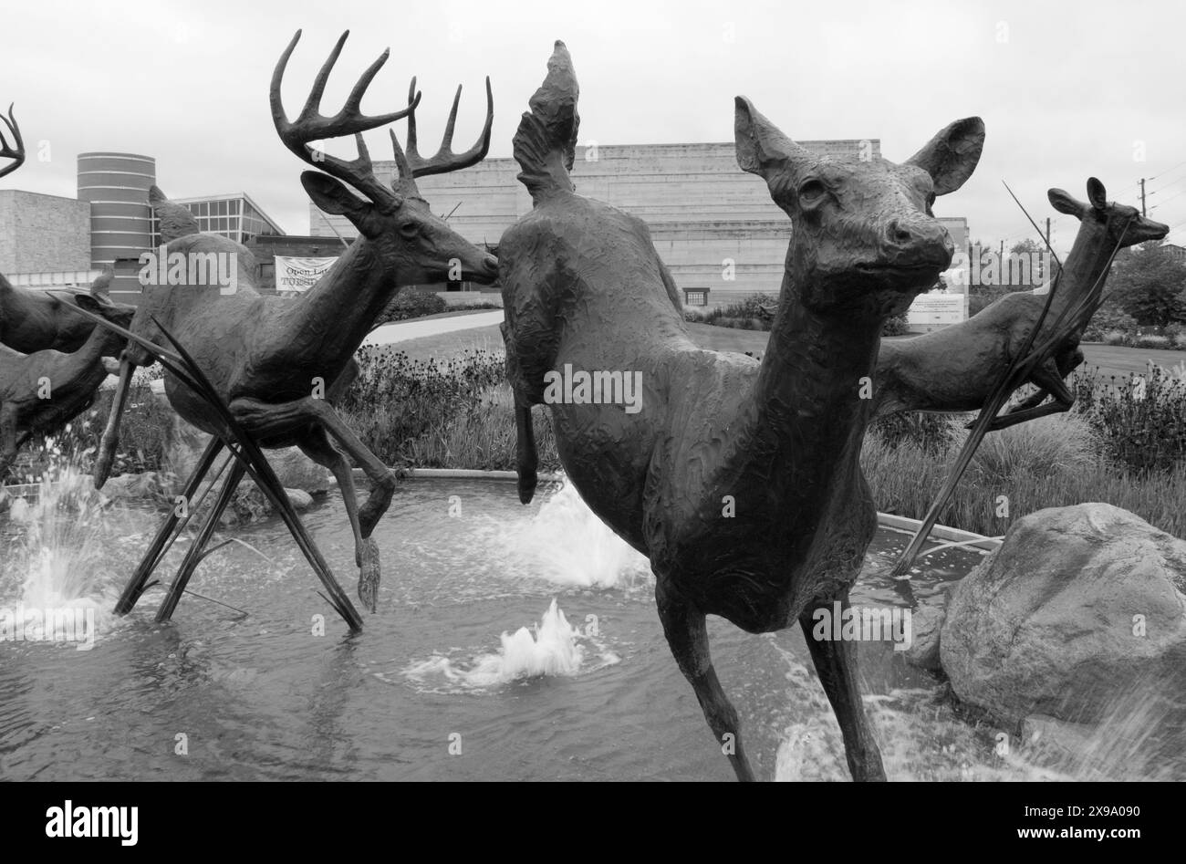 Eine Hirschskulptur auf dem Gelände des Eiteljorg Museum of American Indians and Western Art in Indianapolis, Indiana, USA. Stockfoto