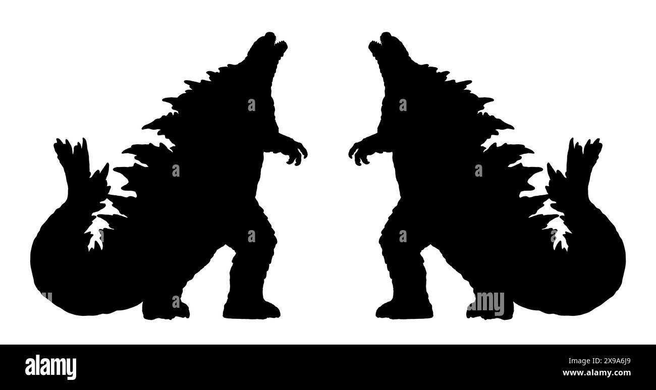 Schwarze Silhouette eines riesigen Dinosaurier-ähnlichen Monsters. Kaiju-Konturzeichnung. Stockfoto