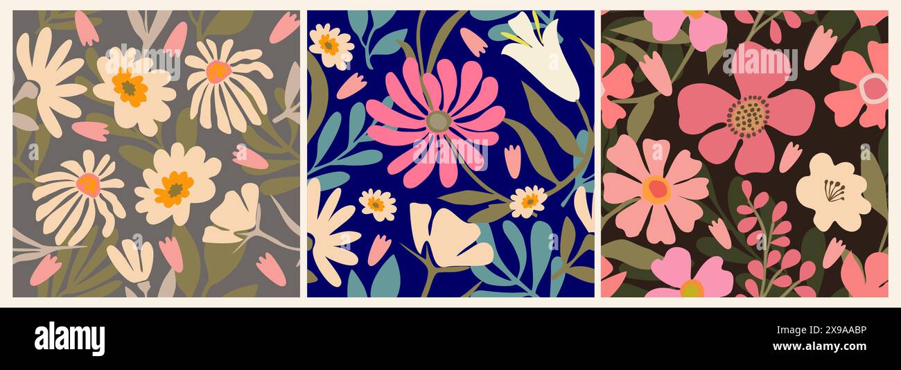 Set aus nahtlosen Mustern mit abstrakten Blumen. Stock Vektor