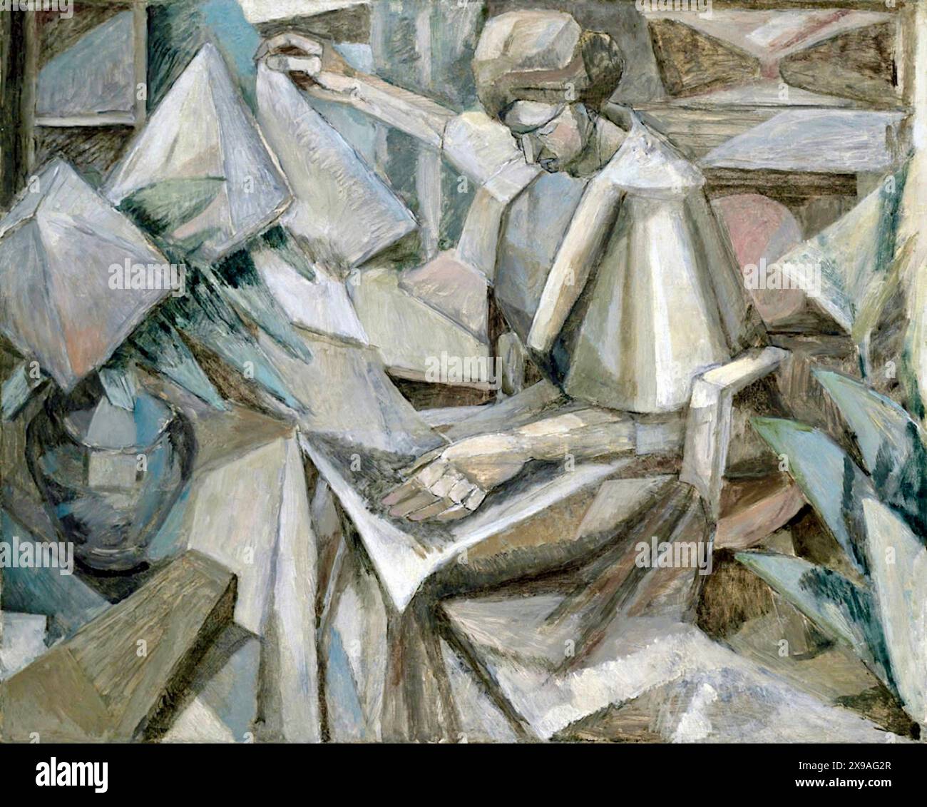 Albert Gleizes - La Femme aux Phlox (Frau mit Phlox) - 1910 - Eine sitzende Frau blickt aufmerksam nach unten und wird von zwei Blumenvasen flankiert. Stockfoto
