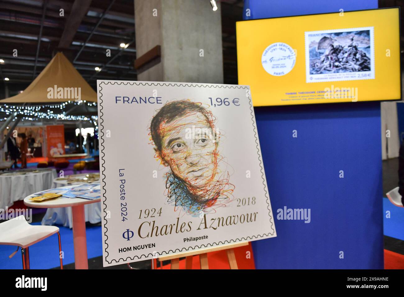 Paris, Frankreich. 30. Mai 2024. Dieses Foto zeigt die Charles Aznavour-Marke während des Vorschaustarts der Charles Aznavour 100-jährigen Jubiläumsmarke im Parc des Expositions in Paris am 30. Mai 2024. Foto: Firas Abdullah/ABACAPRESS. COM Credit: Abaca Press/Alamy Live News Stockfoto