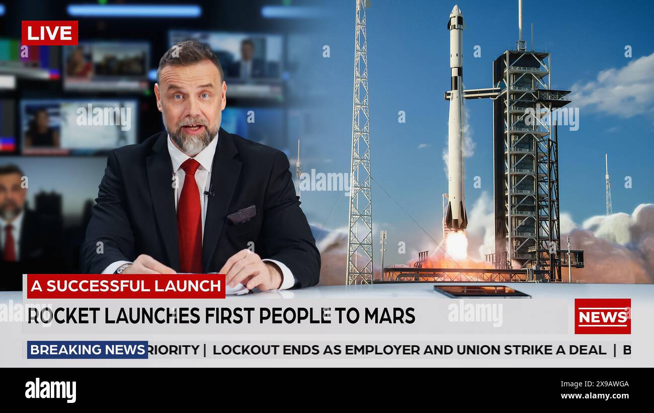 Split Screen TV News Live Report: Anchor Talks. Reportage Edit: Space Travel, erfolgreicher Raketenstart mit Astronaut, Control Room wird gefeiert. TV-Programm auf Kabelkanal Konzept. Stockfoto